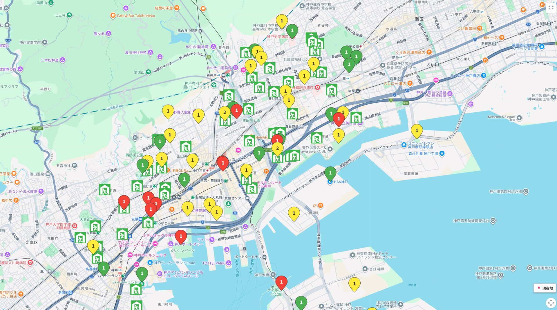 神戸市中央区周辺の詳細地図（ピンが集中している画面）