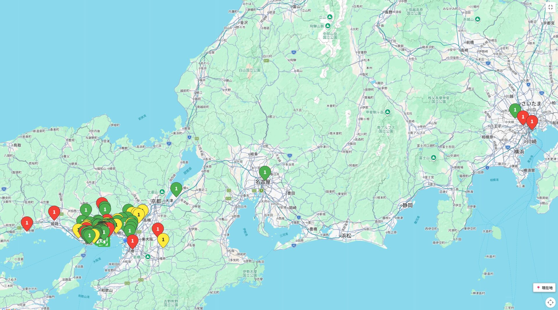 広域表示（関西〜全国に点在している画面）